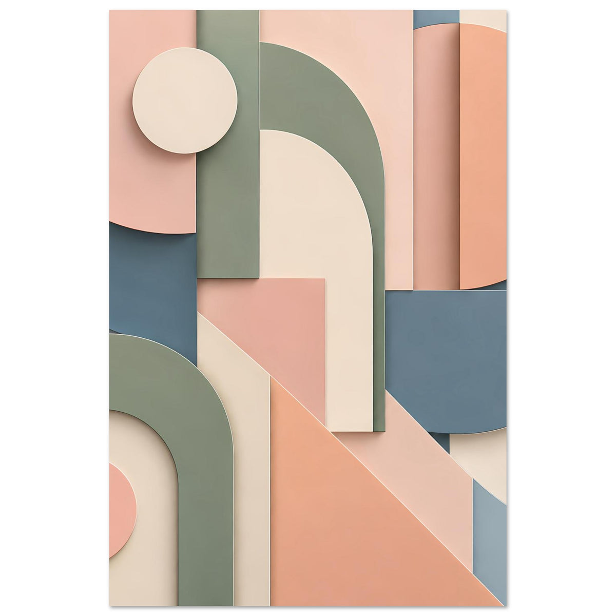 Abstraktes Kunstposter im Hochformat mit geometrischen Formen, Bögen und Kreisen