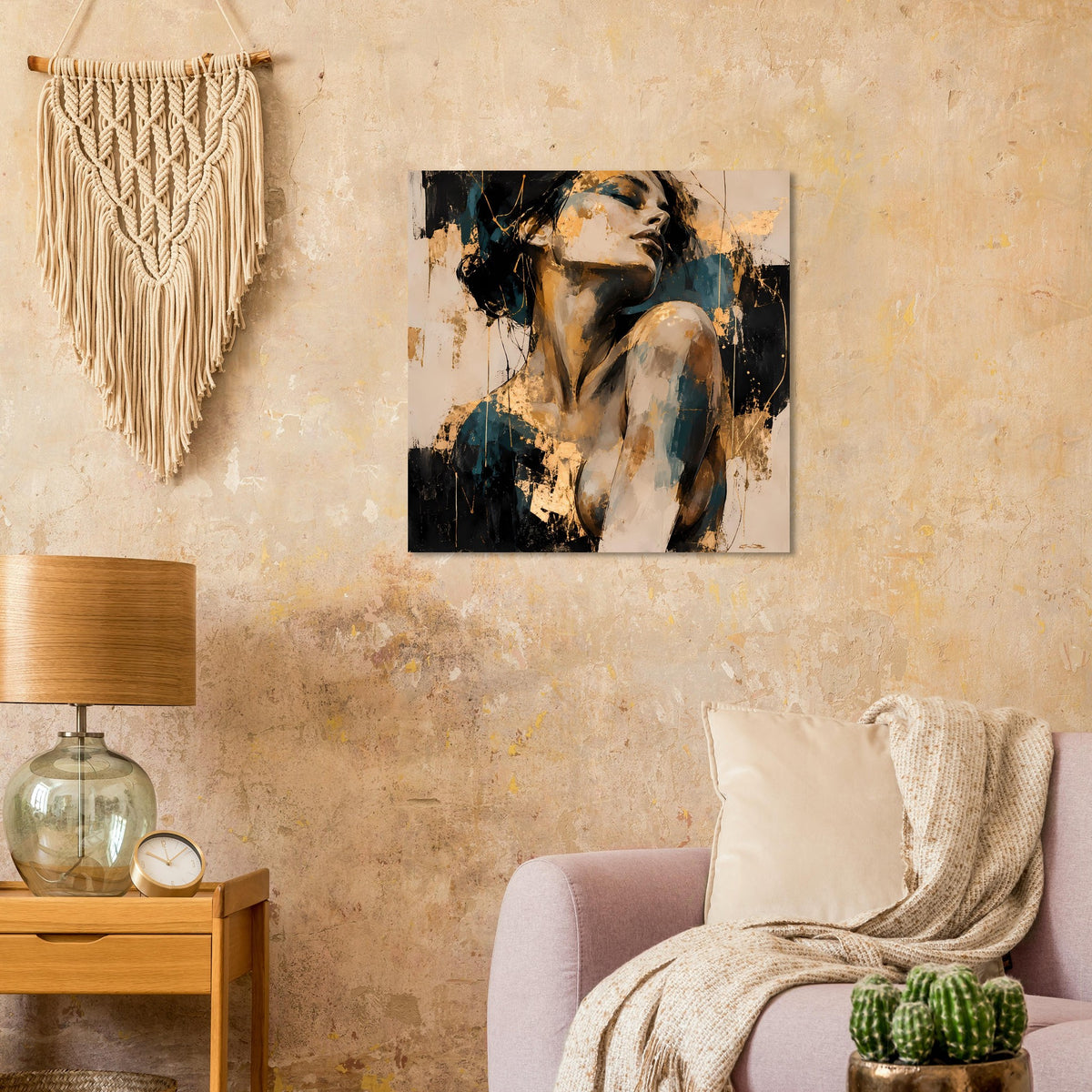 Gerahmtes Kunstposter mit Aktfigur in abstrakter Maloptik, warmes Beige, Blau und Gold