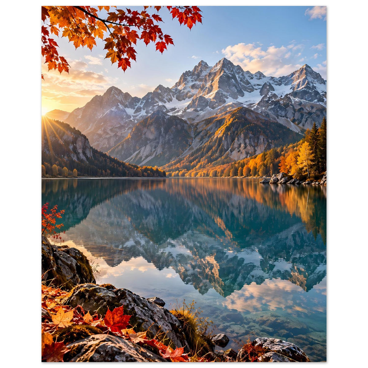 Wandposter im Quadratformat mit Felsen, Herbstlaub und Alpenlandschaft am See