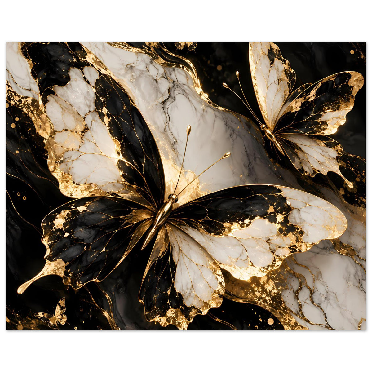 Poster mit zentralem Schmetterling, Schwarz-Gold und weißen Adern