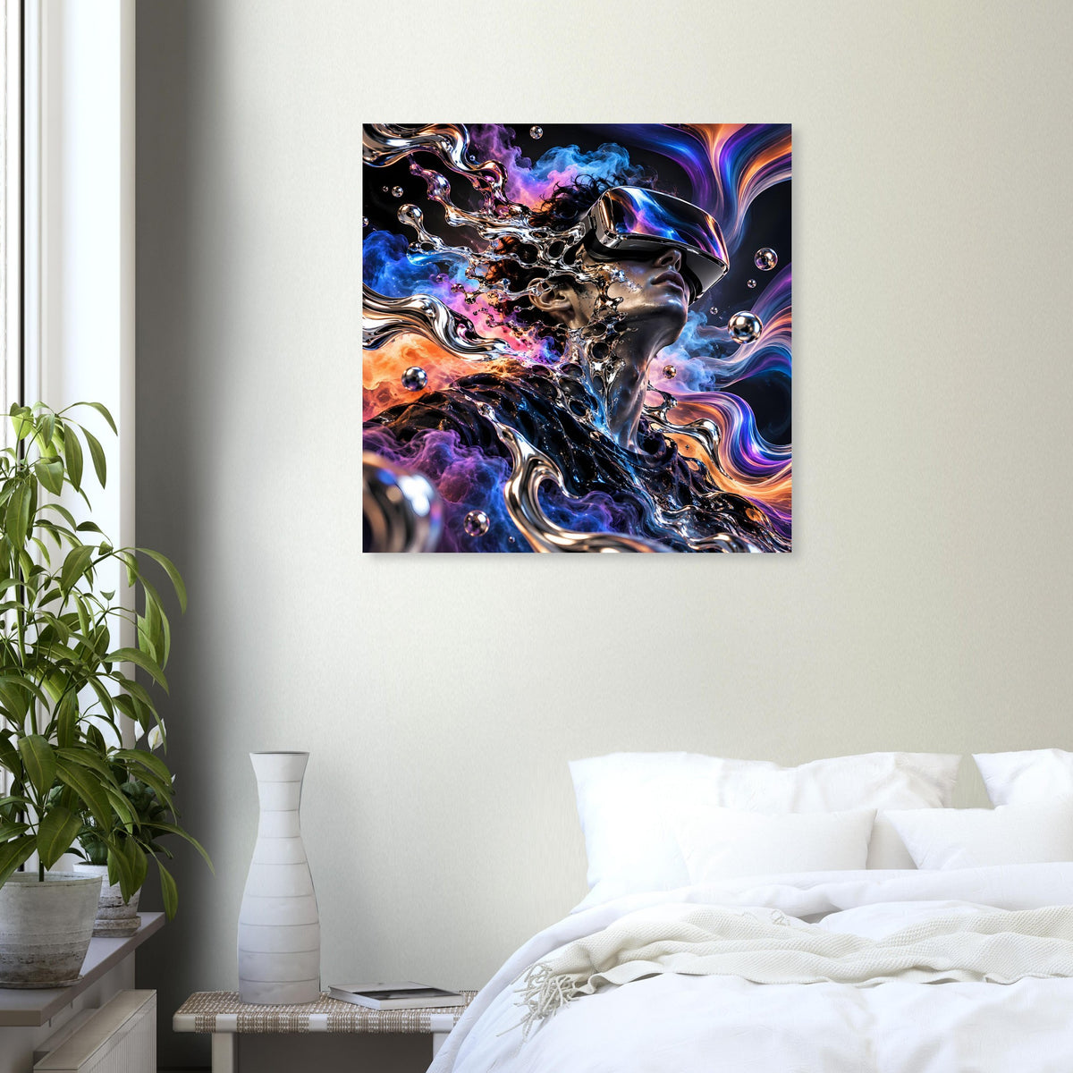 Quadratisches Wandposter mit abstrakter Digitalkunst: schwarze Formen, blaue und orange Wirbel