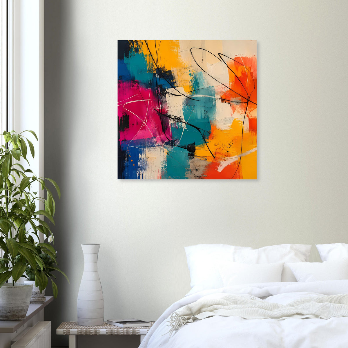 Quadratischer Kunstdruck mit bunten Spritzern, Pinselspuren und dunklen Konturen