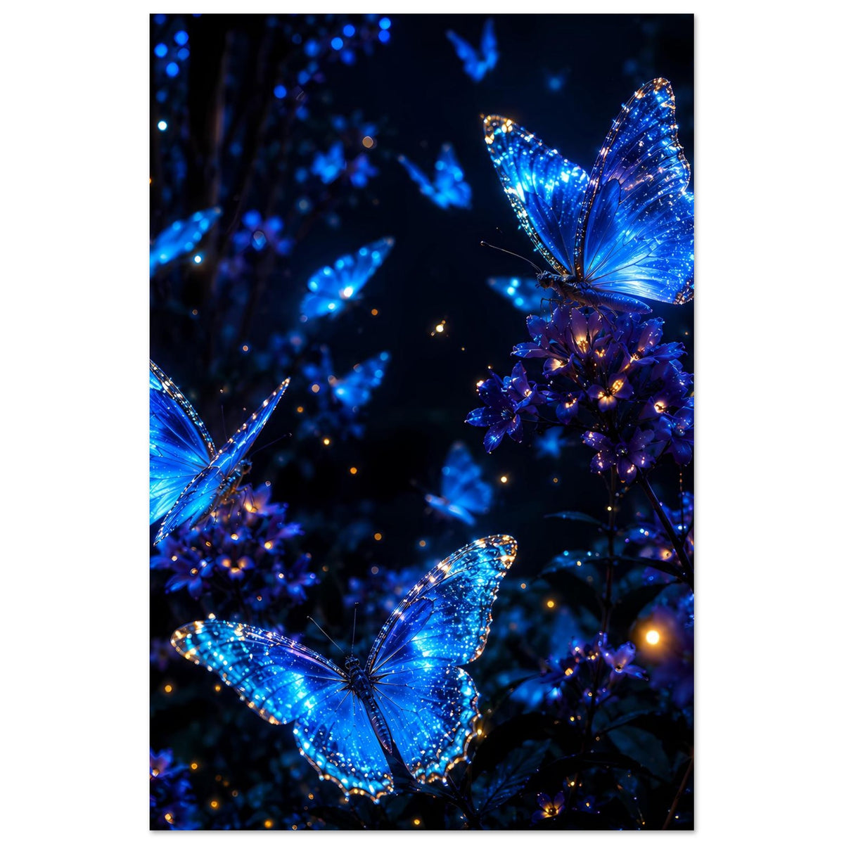 Hochformat-Poster mit drei leuchtenden blauen Schmetterlingen und blauem Lichtschein