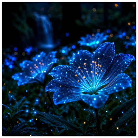 Poster mit leuchtenden blauen Blüten, funkelndem Lichterglanz und zarten Lichtpunkten im Dunkeln