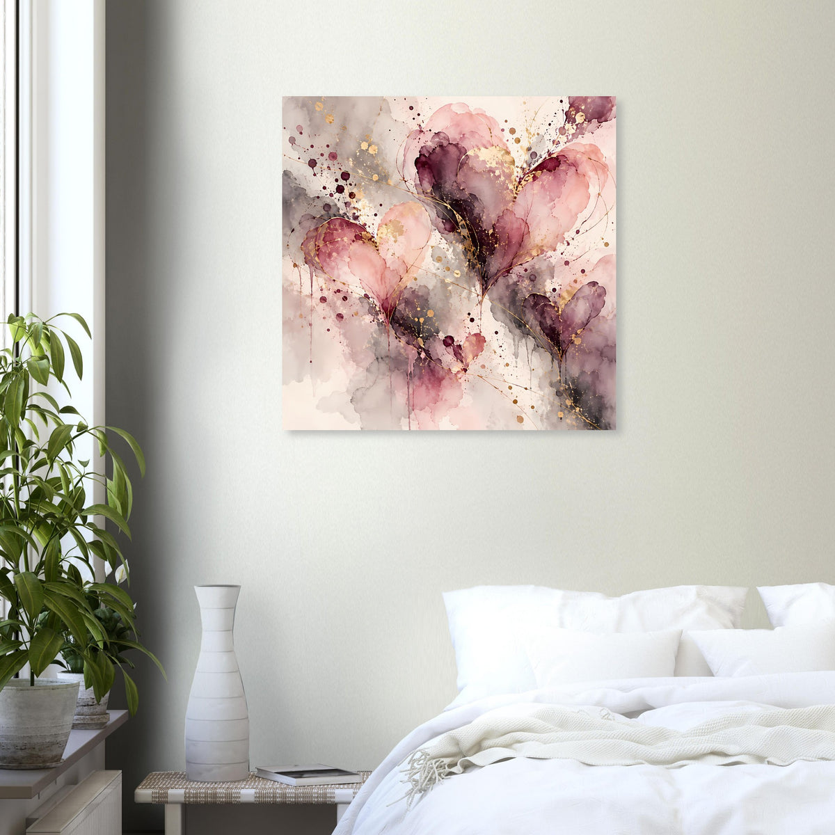 Quadratisches Wandposter mit abstraktem Herz in Rosa, Grau und goldenen Akzenten