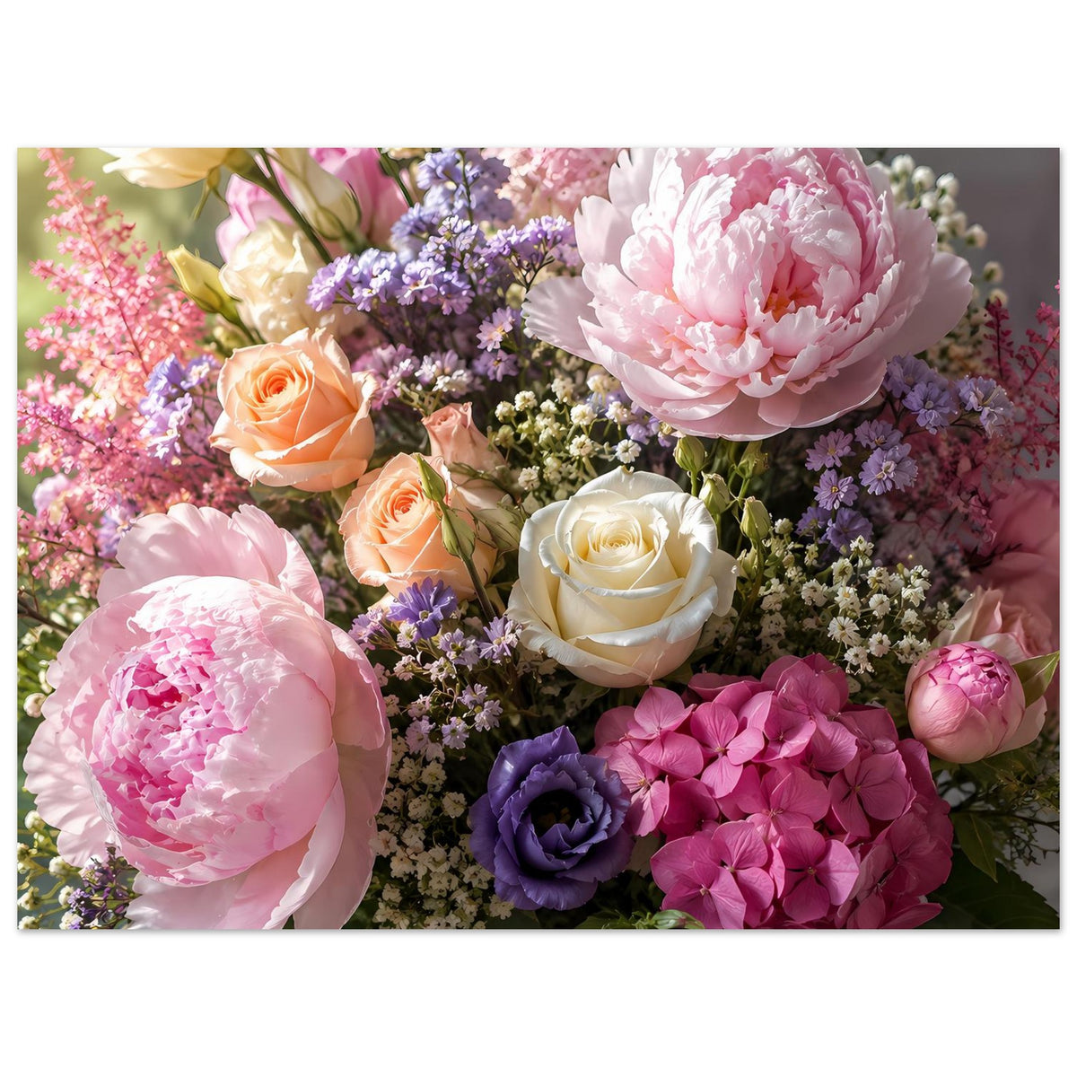 Blumenstrauß-Poster im Querformat mit orangefarbener Rose, rosa Pfingstrose und lila Blüten