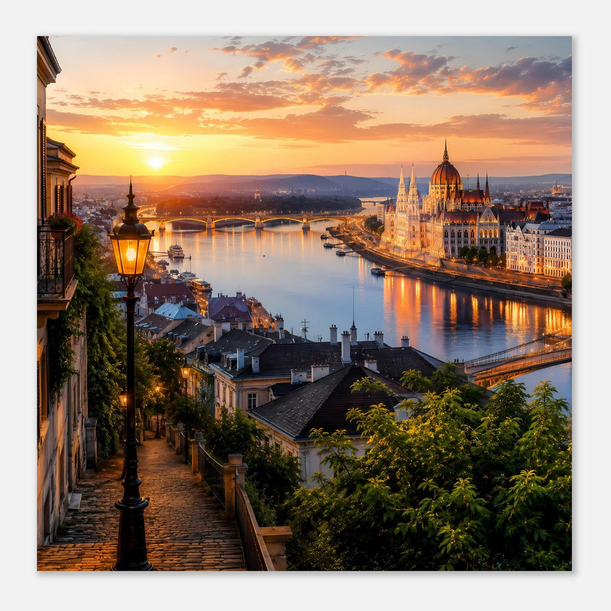 Querformat-Poster: Sonnenuntergang über Fluss und Skyline, Kathedrale mit goldenen Akzenten