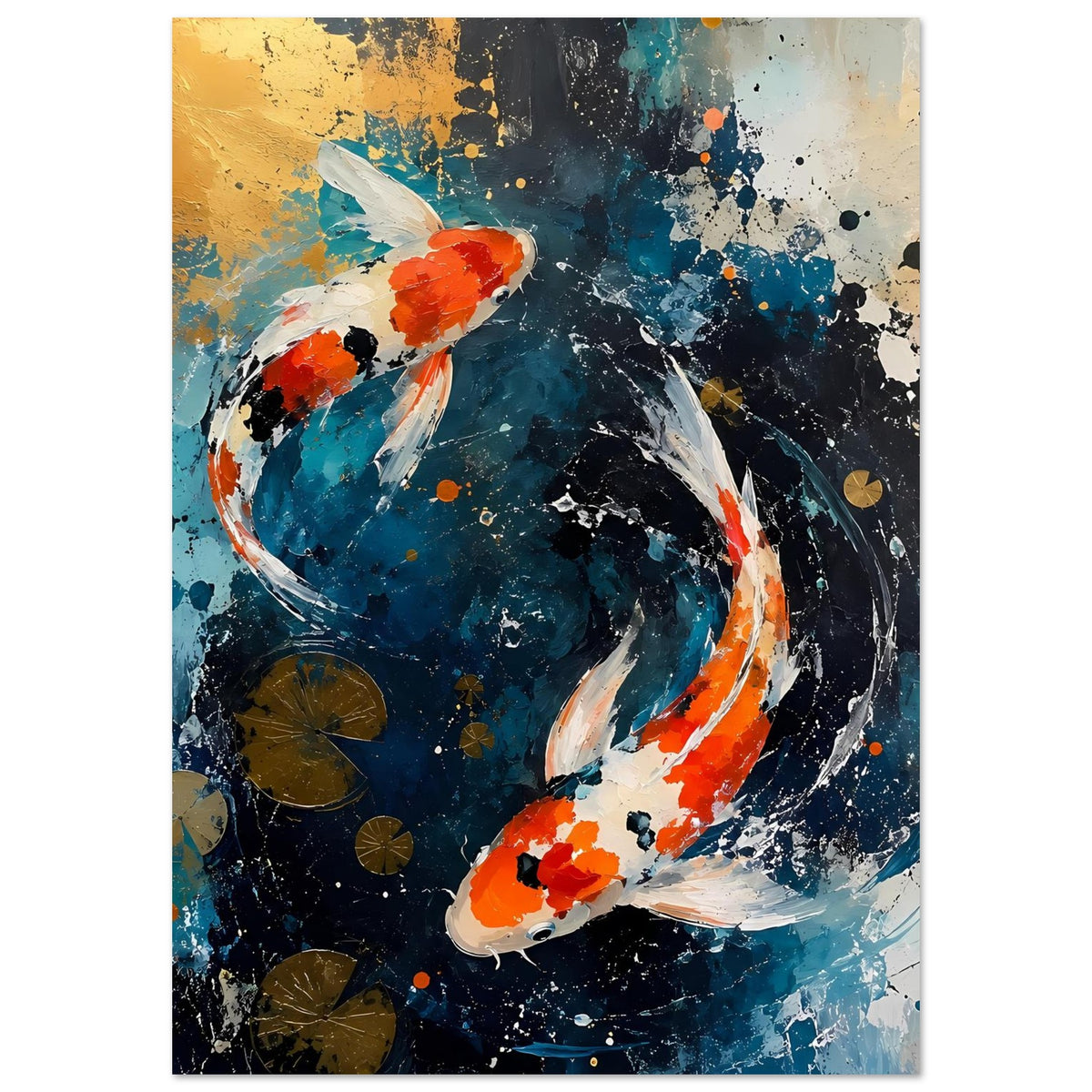 Abstraktes Koi-Poster mit zwei Koi in Blau, Orange und Weiß, Sprenkel und Spritzfarbe
