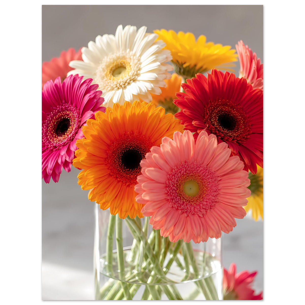 Poster zeigt Gerbera-Blumen in Orange, Pink, Rot und Gelb in einer Glasvase