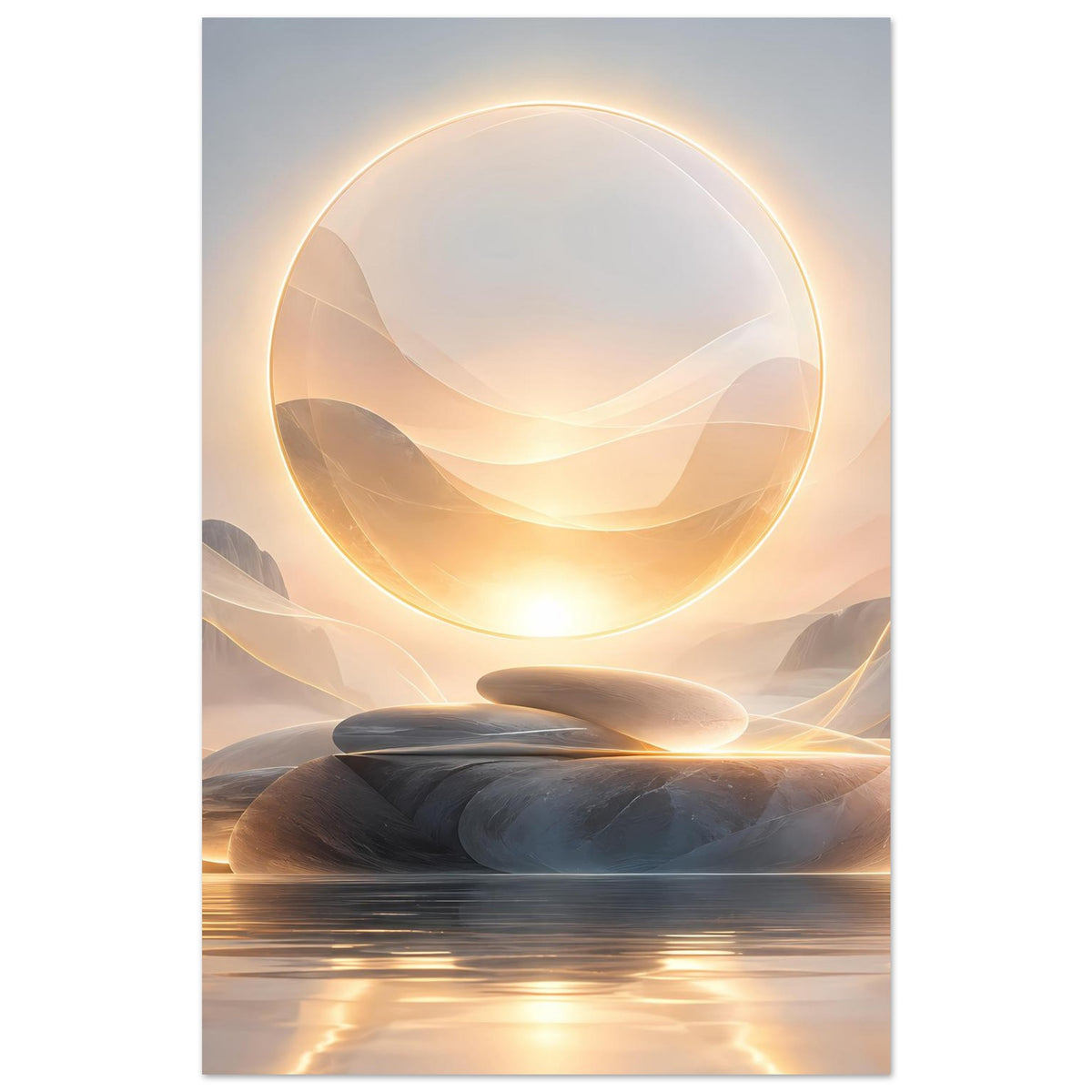 Kunstposter mit leuchtendem Ringmotiv, weiche Hügel- und Steinformen, warmes Licht