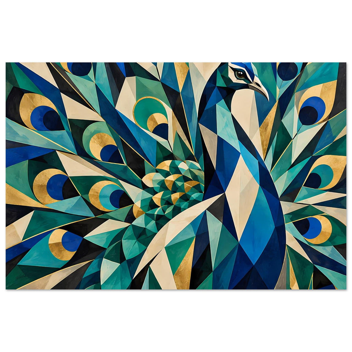 Geometrisches Pfau-Poster, geometrische Wellenfedern in Blau, Grün und Gold