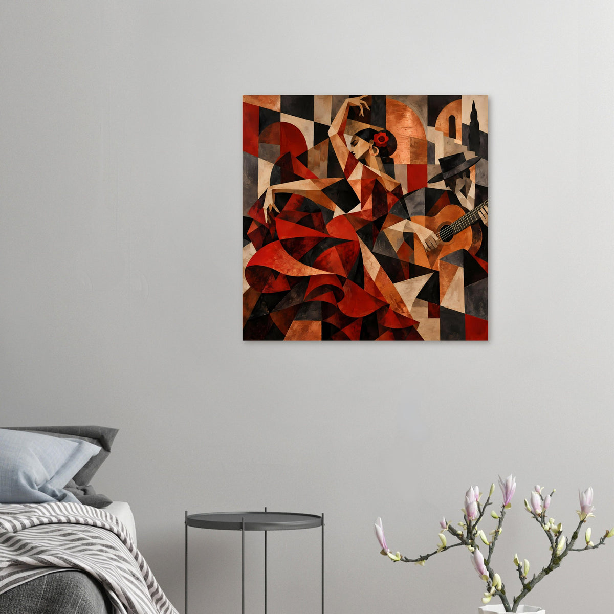 Kleines Kunstposter mit Flamenco-Motiv, abstrakte Figur und Gitarre in Rot- und Erdtönen