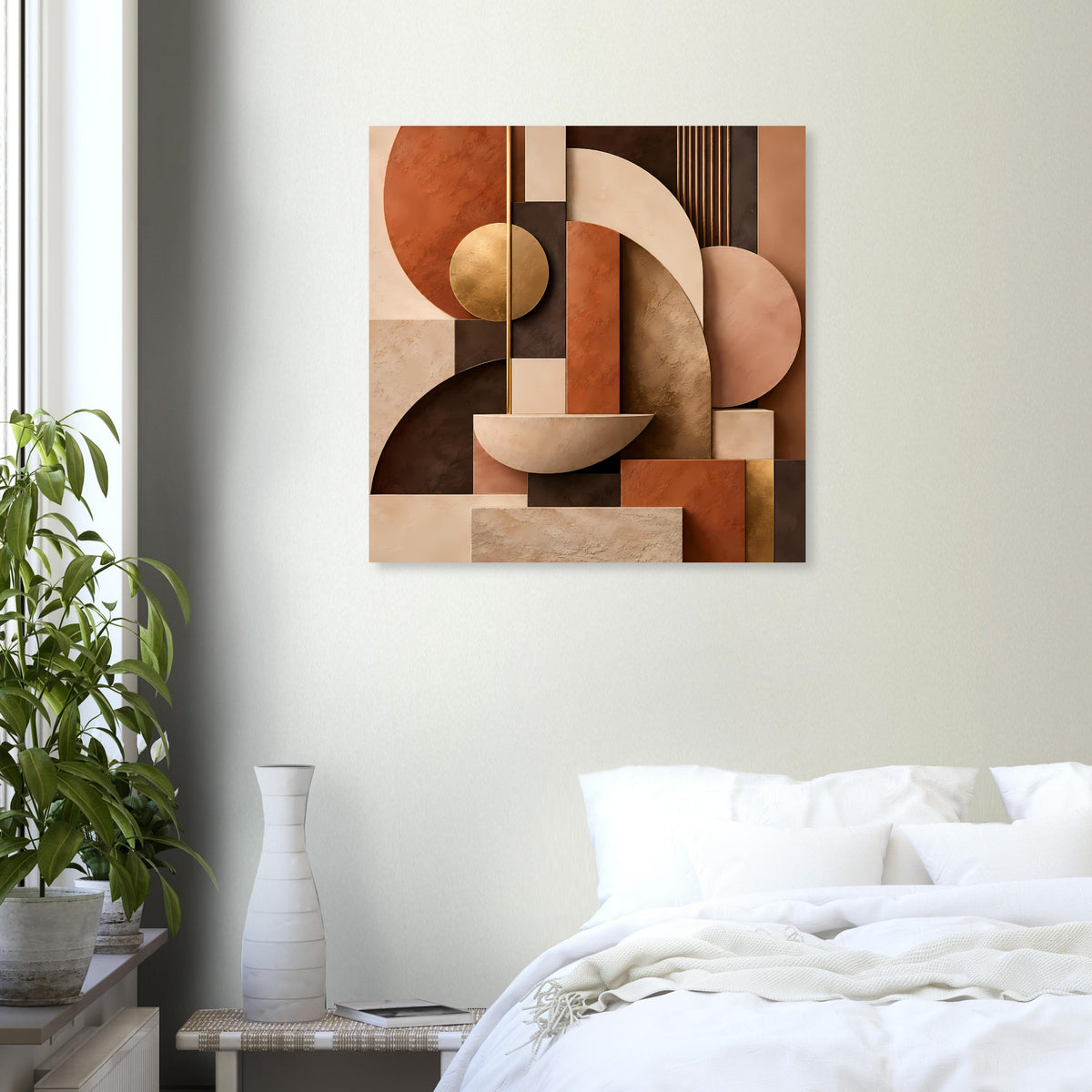 Quadratisches Kunstposter mit abstrakten Segmenten in Terrakotta, Beige und Gold