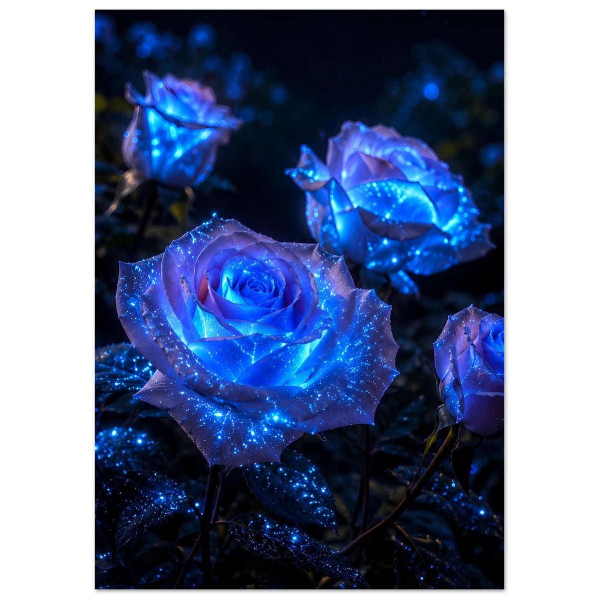 Leuchtendes Rosen-Poster mit blauen Rosen und glitzernden Lichtern auf dunklem Blatt