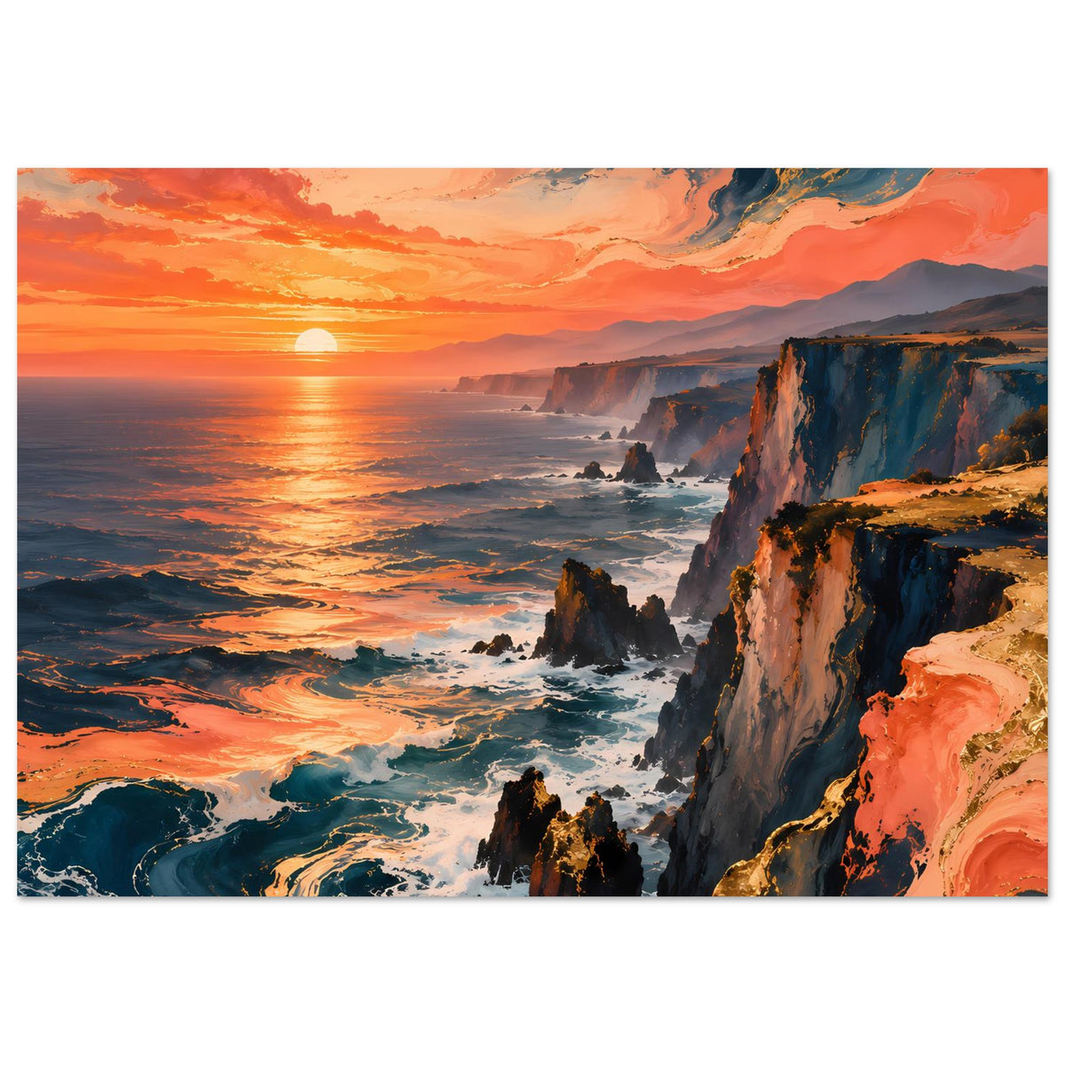 Horizontales Poster mit Felswand an der Küste, Wellen und leuchtenden orange-roten Farben