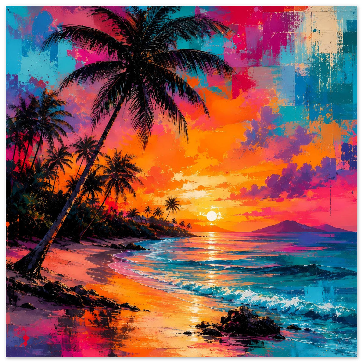 Neonfarbiges Poster mit Palmen am Strand, türkis-rotem Meer und heller Abendsonne
