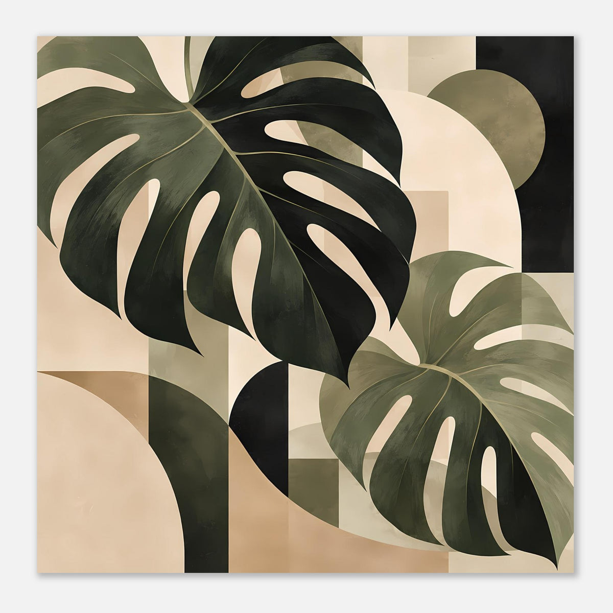 Abstraktes Monstera-Blätter-Poster, hochformatig, großflächige Monstera-Blätter in Grün und Beige