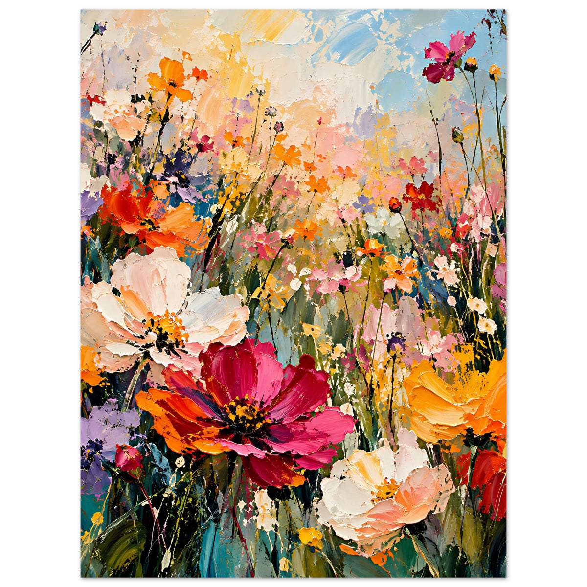 Blumenposter im Hochformat mit üppigen Blütensträußen in Pink, Orange und Weiß