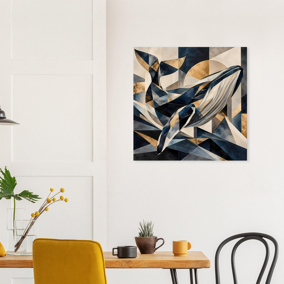 Gerahmtes Poster mit geometrischem Wal in Blau-, Beige- und Goldtönen