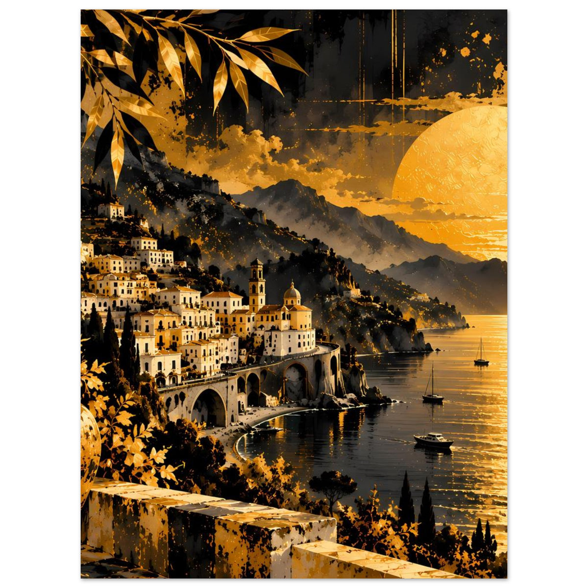 Kunstposter mit Küstenort bei Sonnenuntergang, goldener Mond, Hügel, Hafen und Brücke