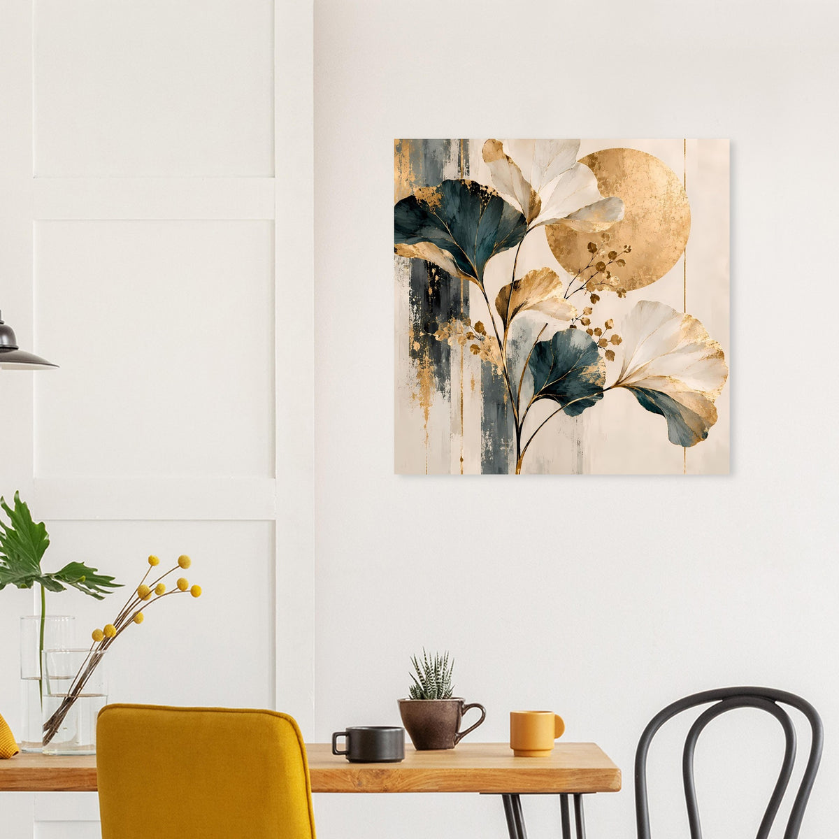 Abstraktes Poster mit goldener Ginkgoblatt-Illustration und runder Sonnenscheibe
