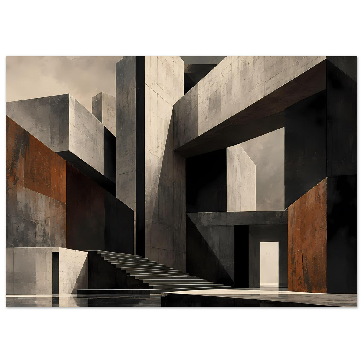 Architekturposter mit Treppenstufen zwischen Betonwänden, dunkle Rahmung, rostfarbene Seitenflächen