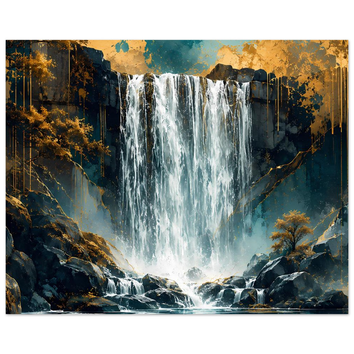 Wasserfall-Poster mit türkisweißem Wasserfall, Felswänden und goldschimmernden Details