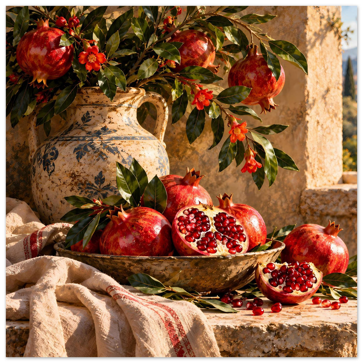 Poster mit Granatäpfeln, Keramikkanne und Schale; Blätterzweige mit roten Blüten im Vordergrund.