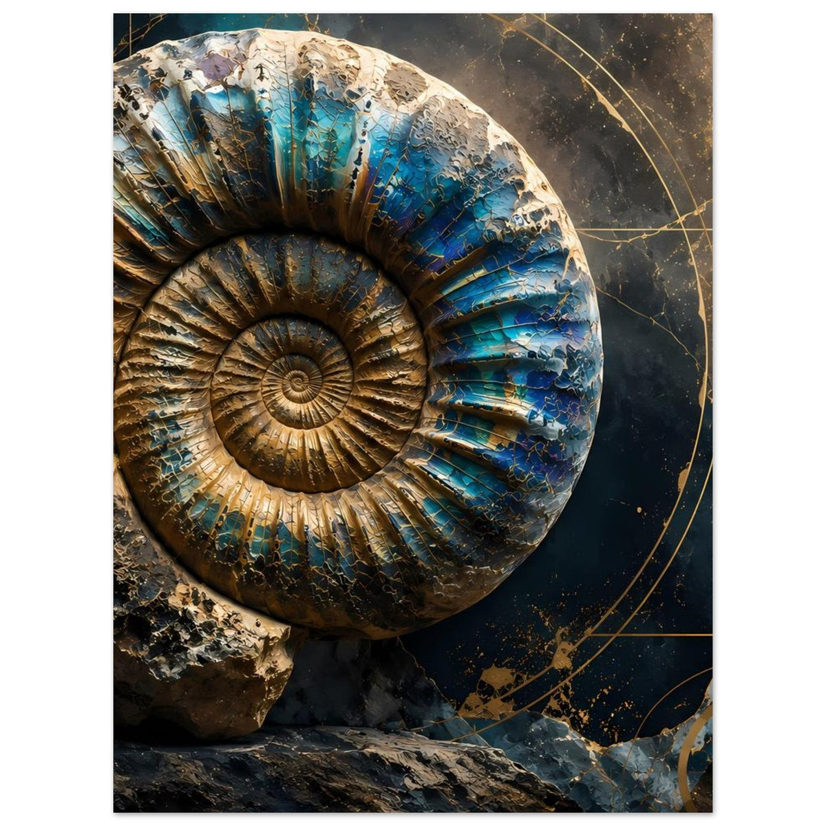 Kunstposter mit Ammonit-Fossil, petrolblau-goldener Spiralschale und Linien
