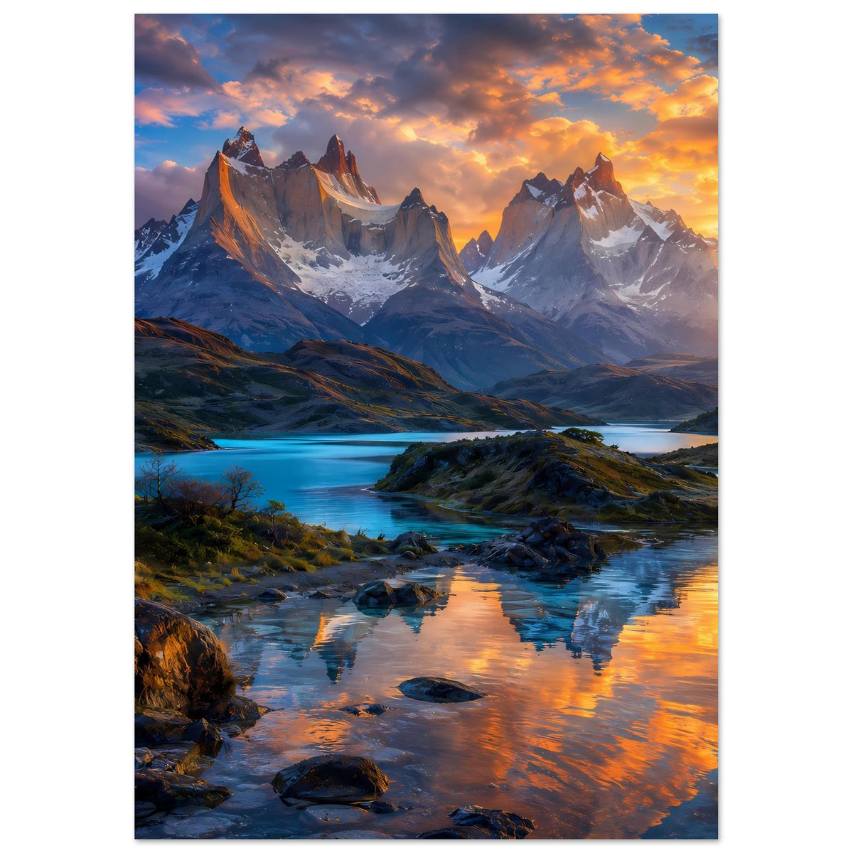 Vertikales Wandposter: Berge im Sonnenuntergang, spiegelndes Wasser, Steine und Büsche.