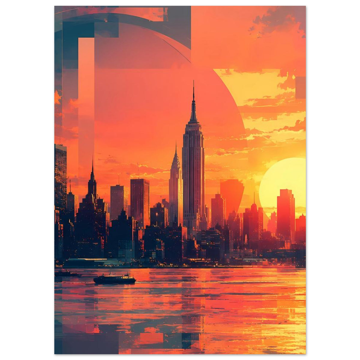 Stadtposter mit Sonnenuntergang, Hochhäusern, gelber Sonne und farbigen geometrischen Flächen