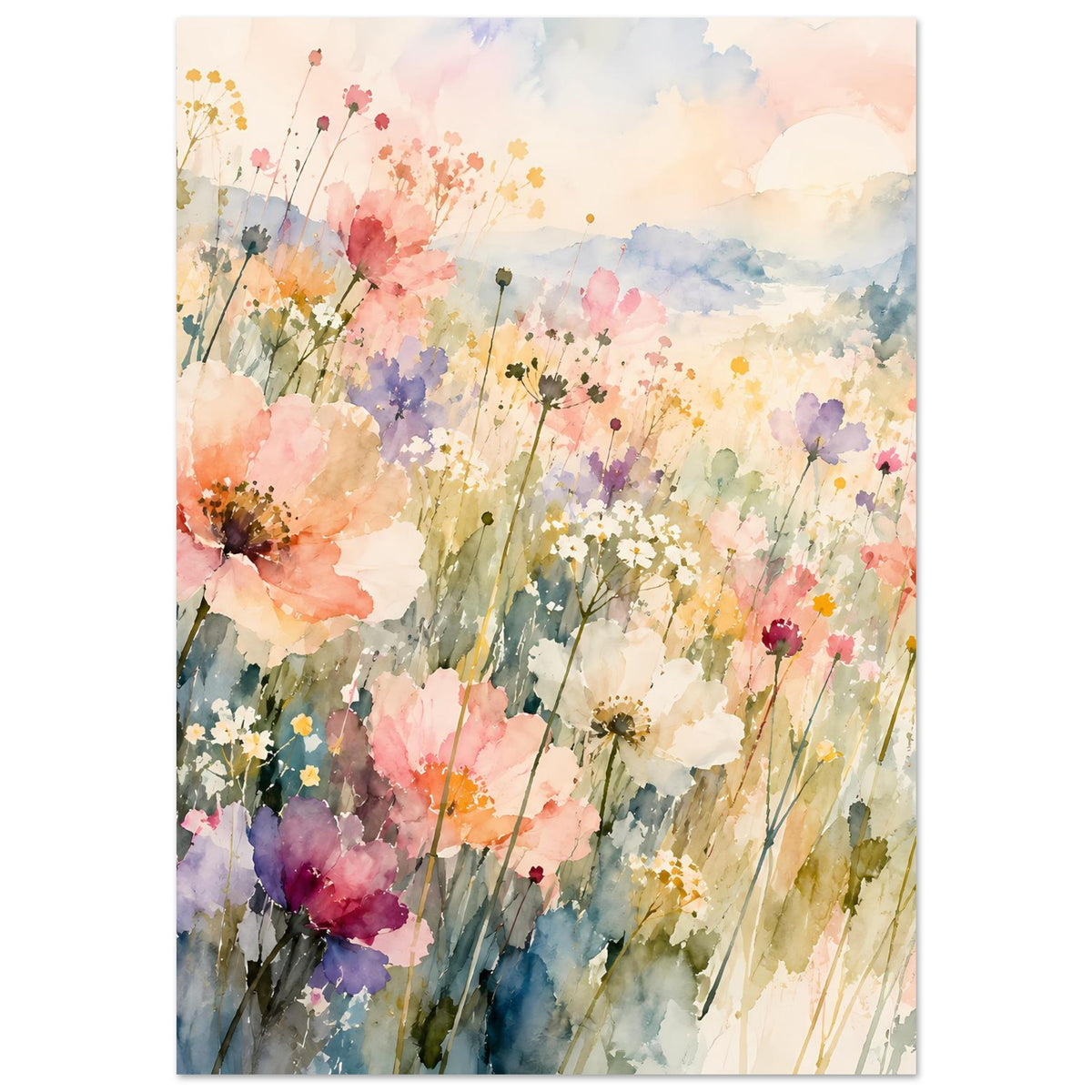 Aquarellposter Wildblumenwiese in Pastell, vertikal, sanfte Wolken und bunte Blüten