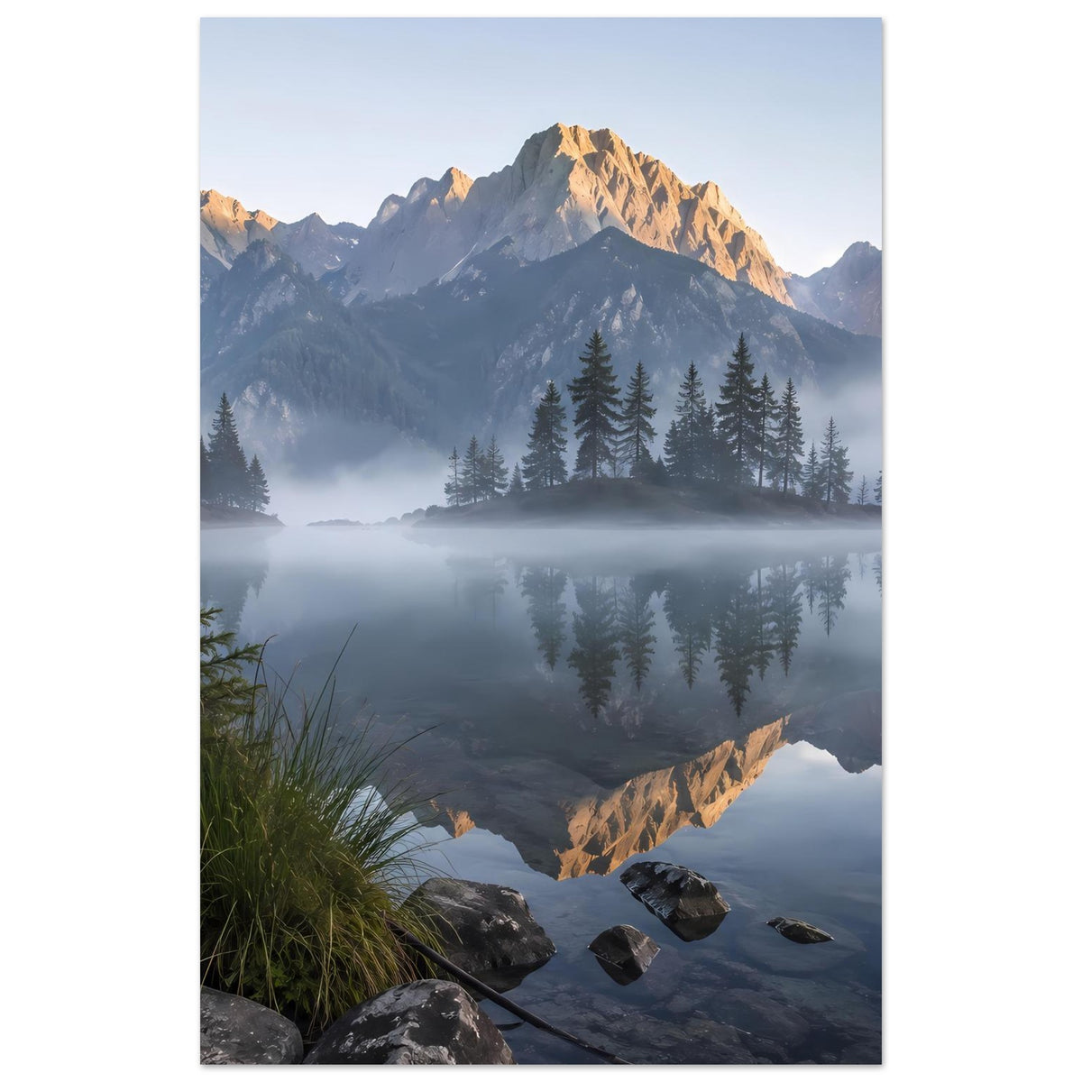 Landschaftsposter im Hochformat mit Bergsee, Fichtenwald und spiegelnder Gipfelansicht