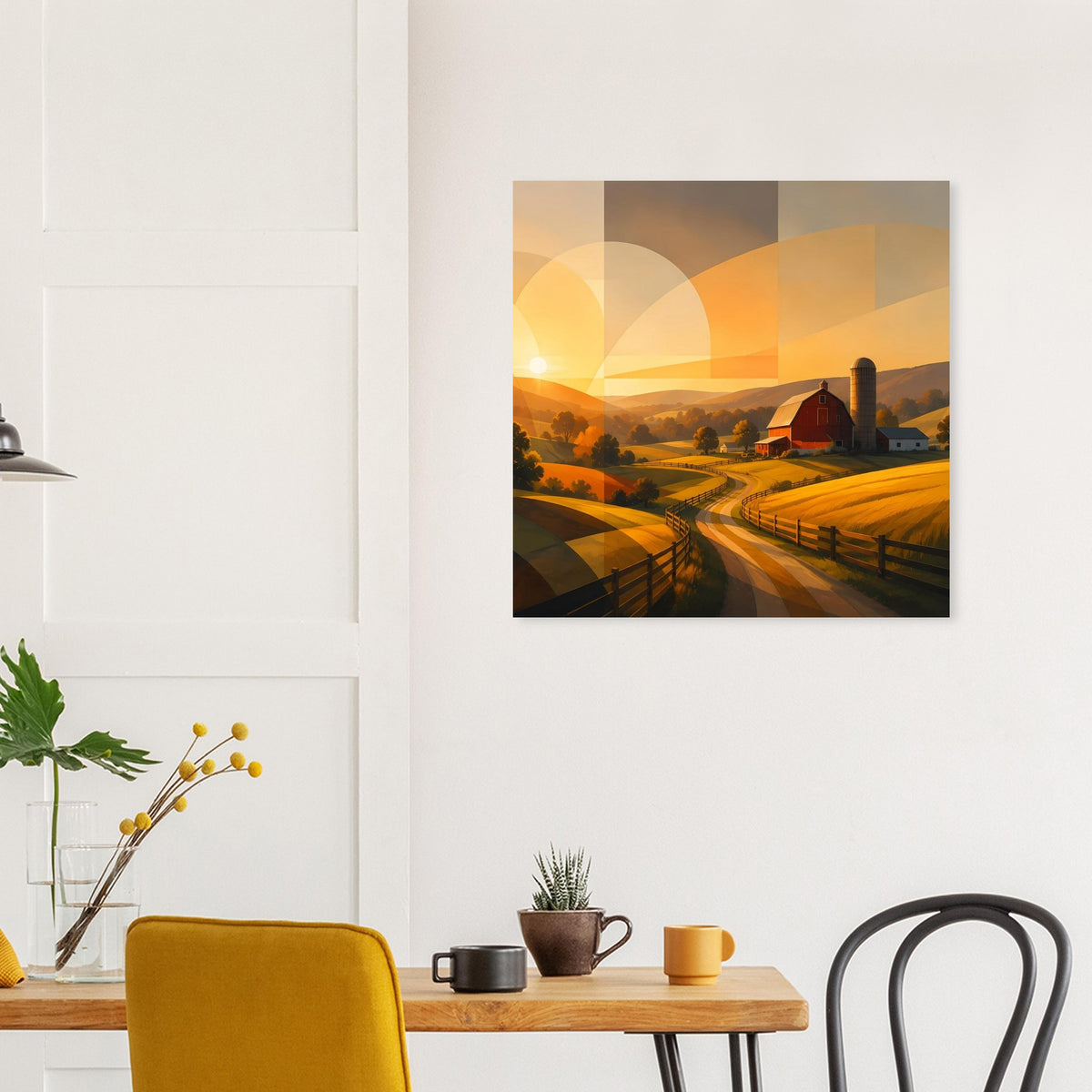 Abstraktes Poster mit goldener Landschaft, roter Scheune und gewundenem Weg an der Wand
