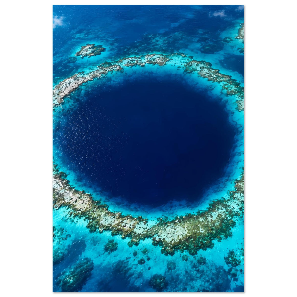 Unterwasser-Poster im Hochformat: Korallenring um dunkles Blau, Motiv eines Meeresauges