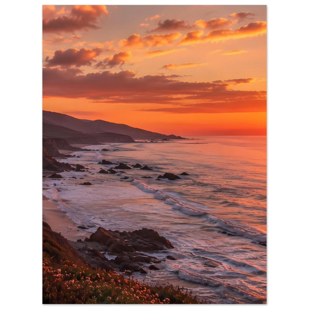 Poster mit Küstensonnenuntergang: orange Himmel, Strand und Wellen im Vordergrund.