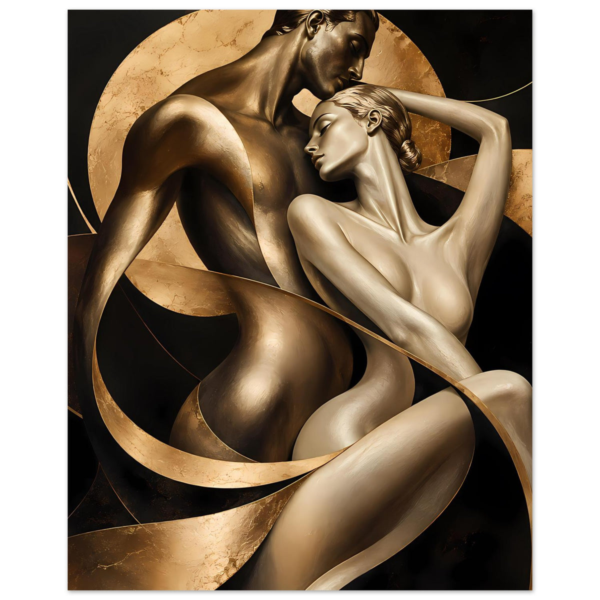 Kunstposter mit goldenen Bronzefiguren zweier Akte, Fokus auf Oberkörper und Ringe