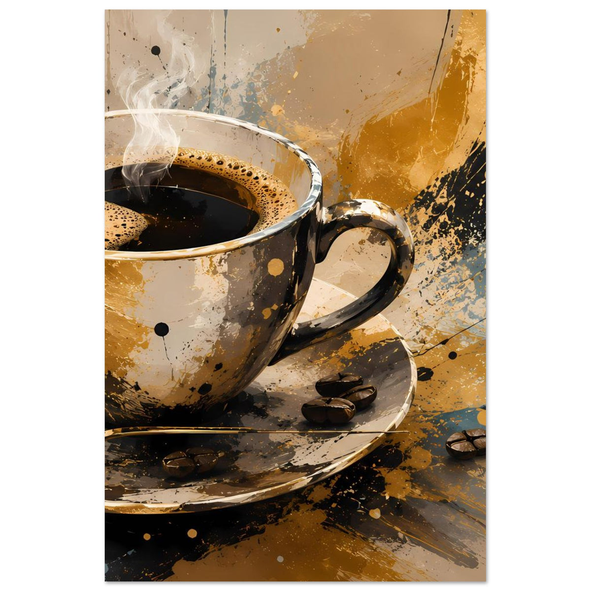 Kunstposter mit Kaffeetasse und dampfendem Kaffee, Untertasse und verstreuten Bohnen
