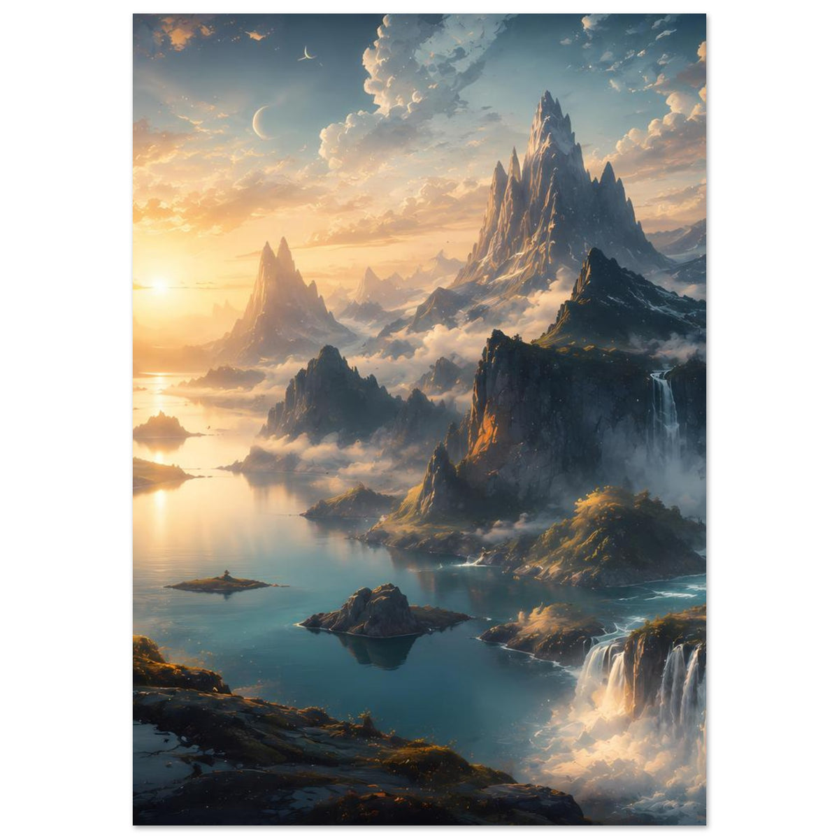 Landschafts-Poster mit Berggipfeln, Nebel über See und Wasserfällen im Vordergrund
