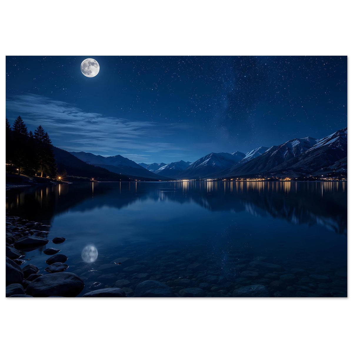 Gerahmtes Landschafts-Poster mit Sternenhimmel, Mond und spiegelndem Bergsee.