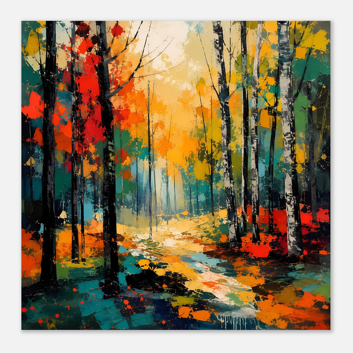 Herbstwald-Poster, frontale Ansicht mit gelbem Licht, bunten Stämmen und farbigem Wegverlauf