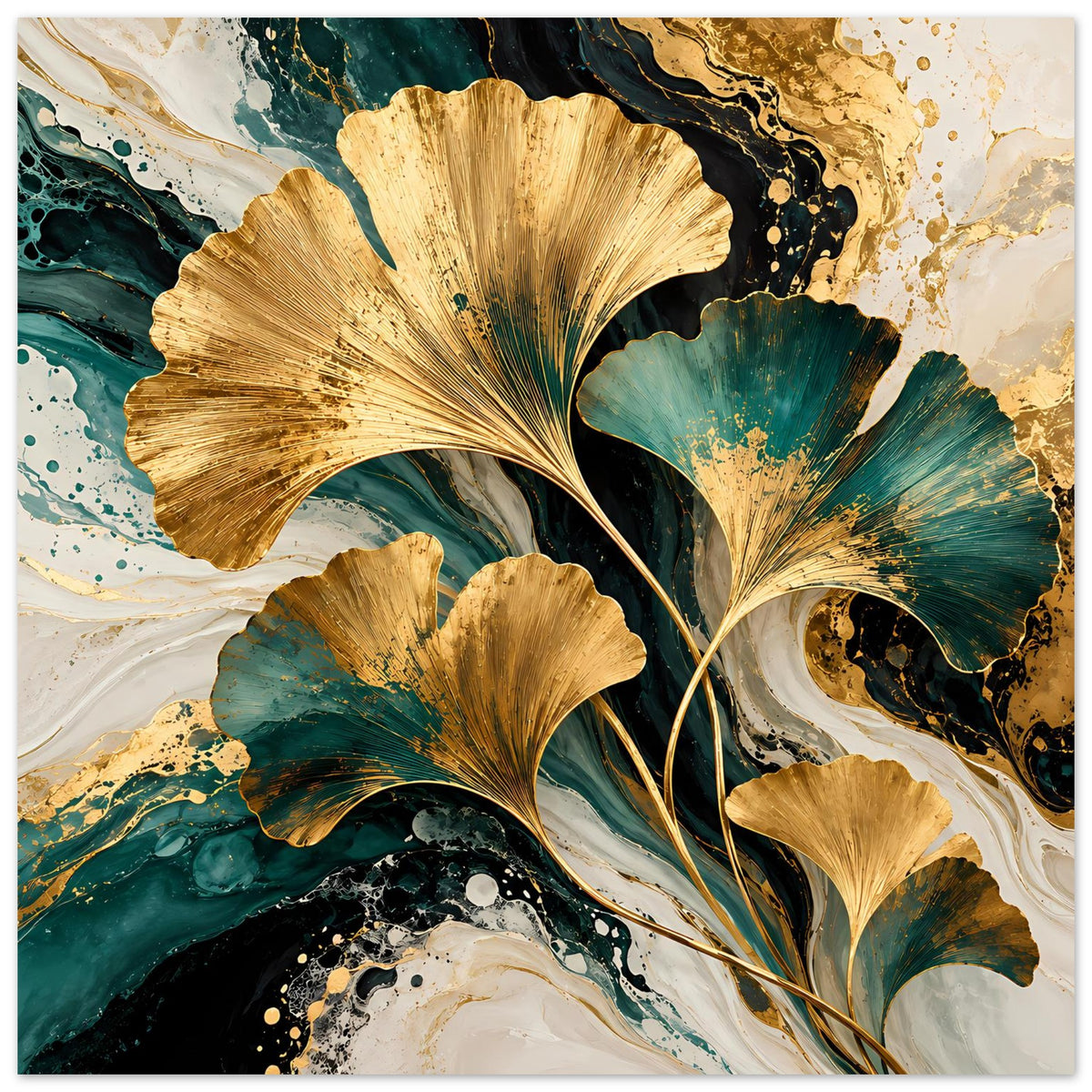 Naturposter im Querformat, Blick auf goldene Ginkgo-Blätter in grün-blauer Farbstruktur