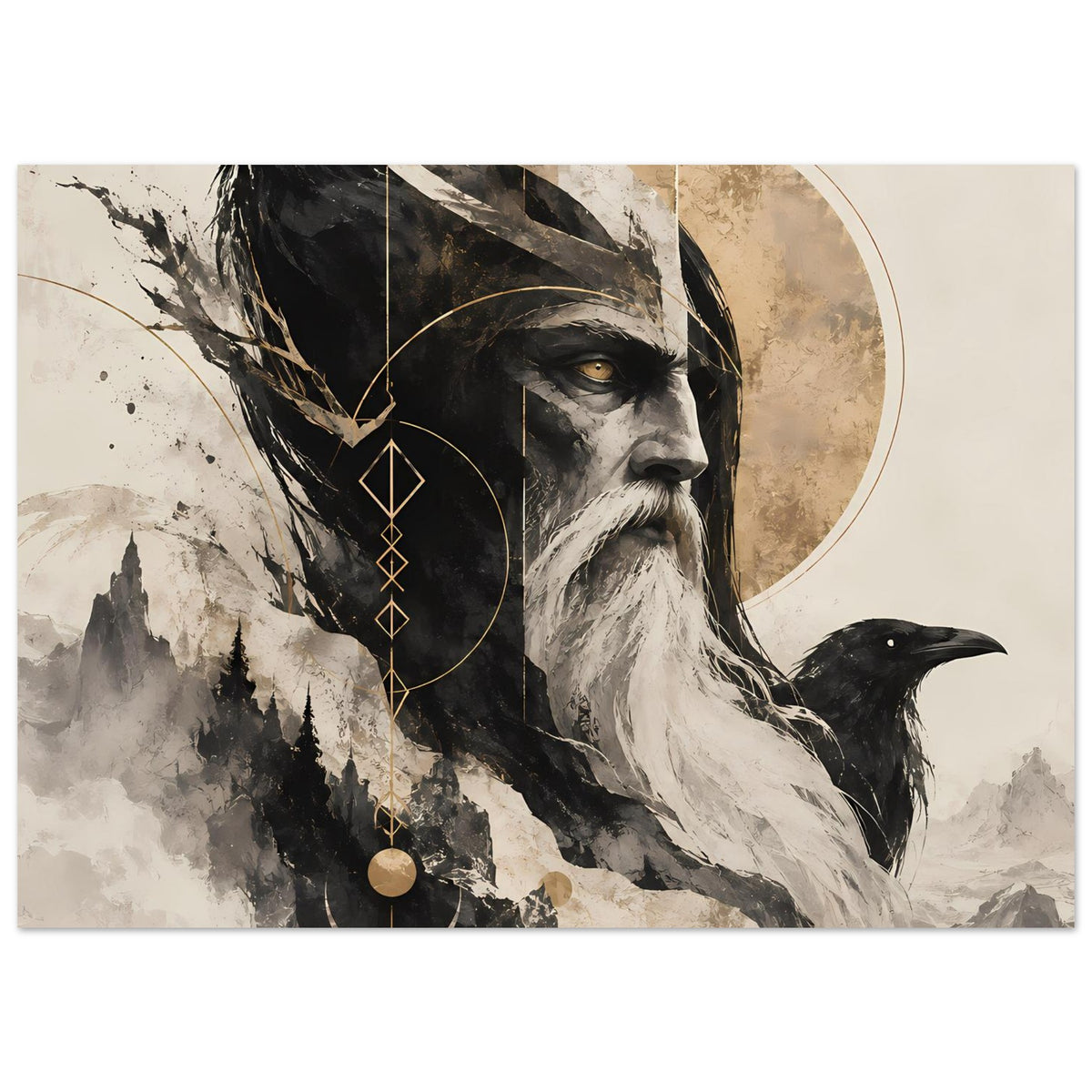 Kunstposter mit maskulinem Gesicht, schwarzem Raben seitlich und feinen goldenen Linien