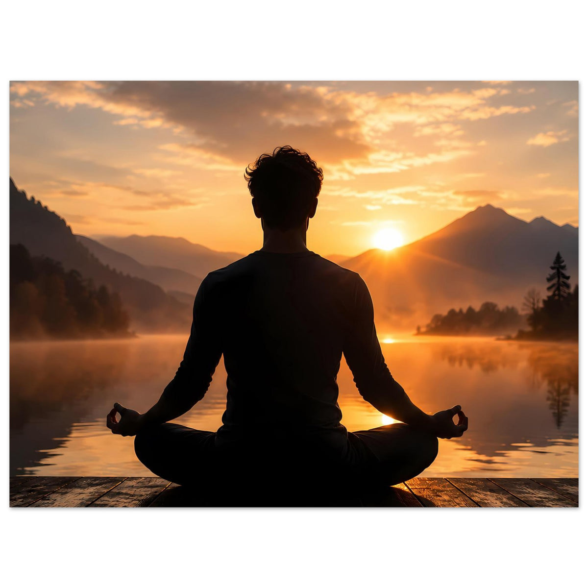 Horizontaler Posterdruck mit Meditationsfigur in dunkler Silhouette am spiegelnden Wasser