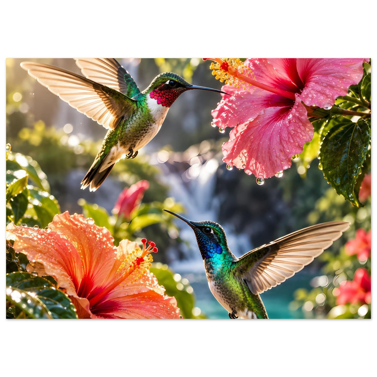 Poster mit Kolibris und Hibiskusblüten, horizontal, Fokus auf obere Motive