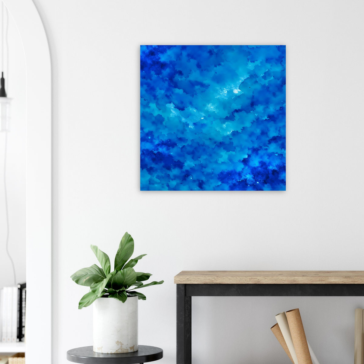 Blaues abstraktes Kunstposter, quadratisch, mit blauem Wolkenmuster