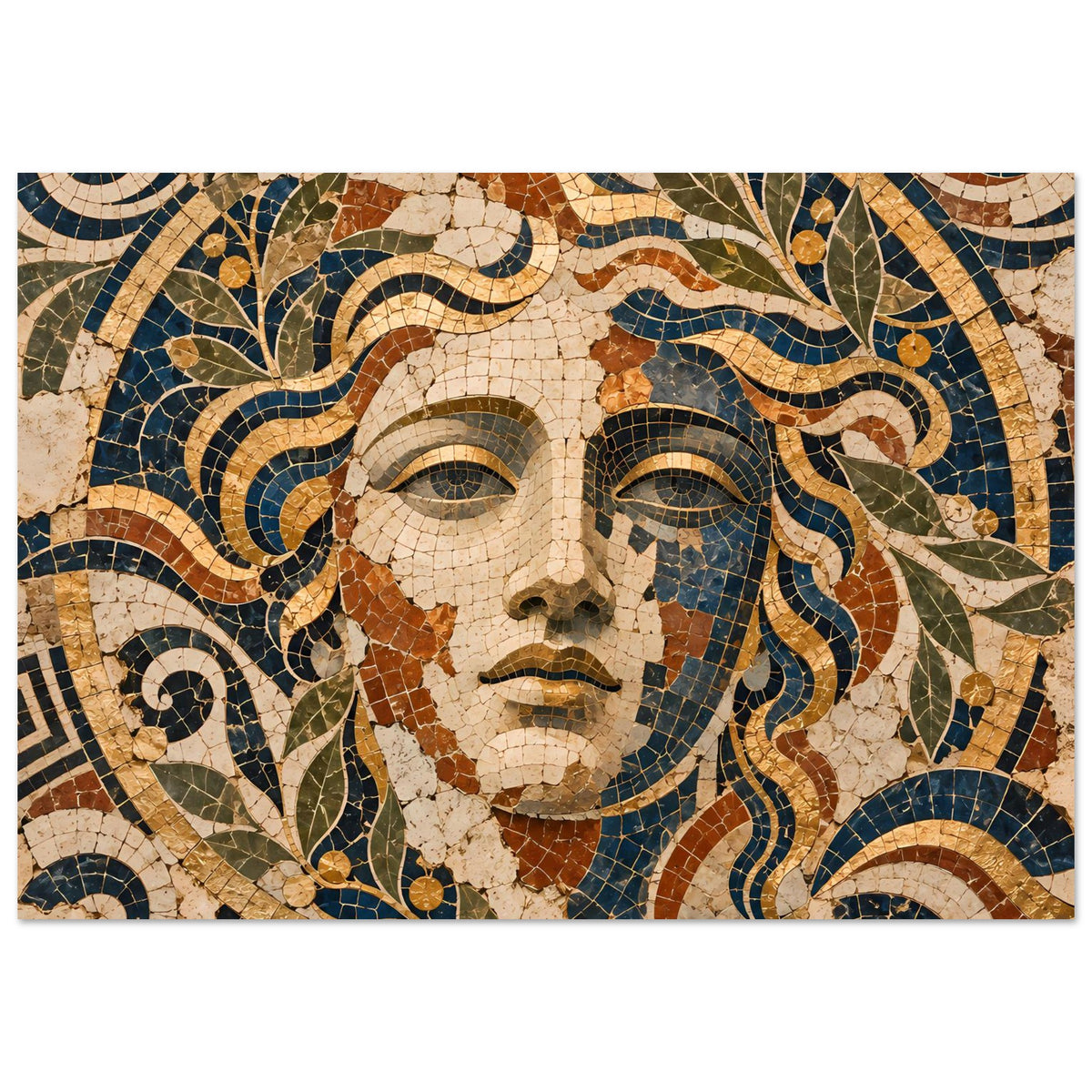 Poster zeigt Mosaik-Göttin Gesicht, Steinmosaik in Blaugrün, Gold und Rostbraun