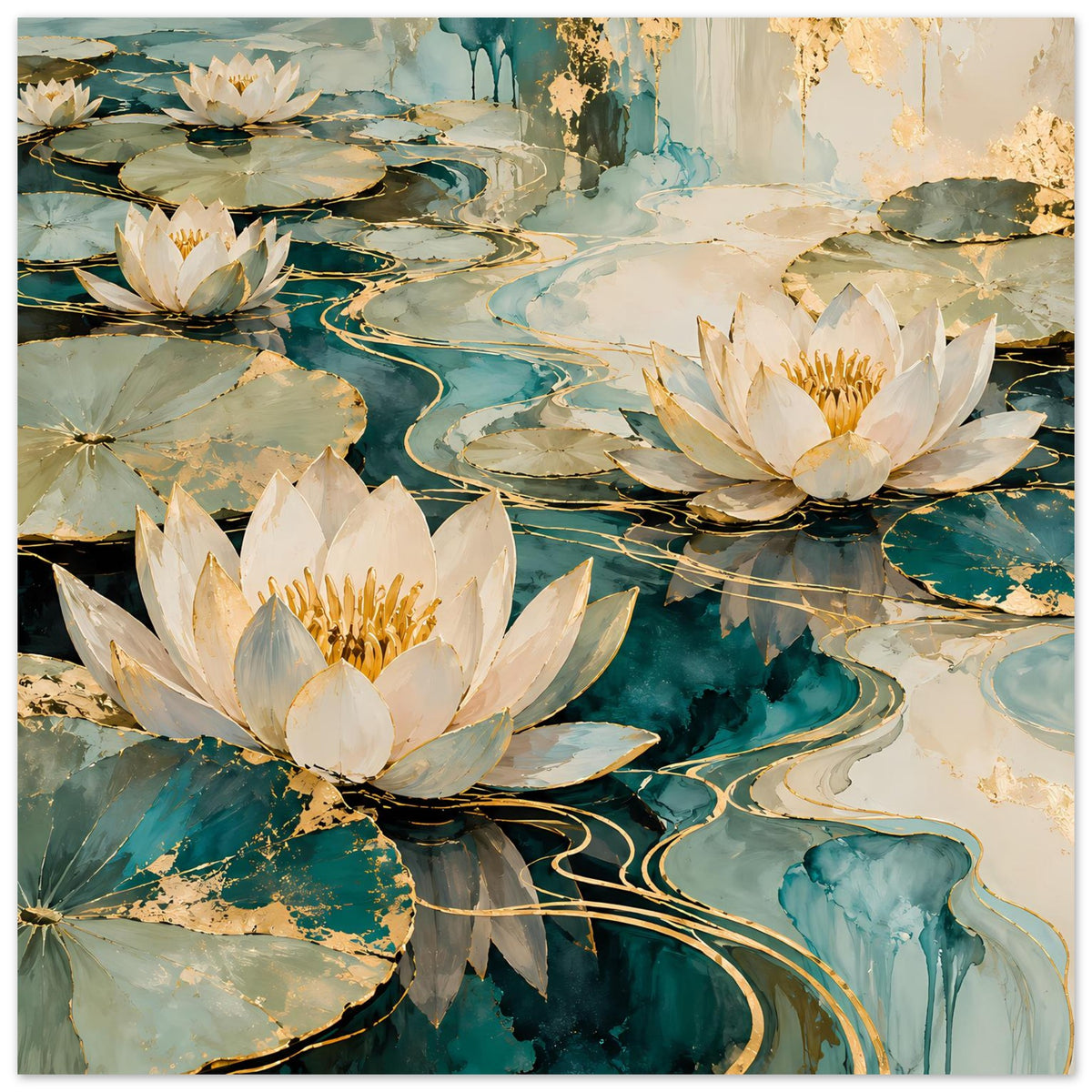Lotusblüten-Wandposter mit drei weißen Seerosen und geschwungenen goldenen Wasserlinien