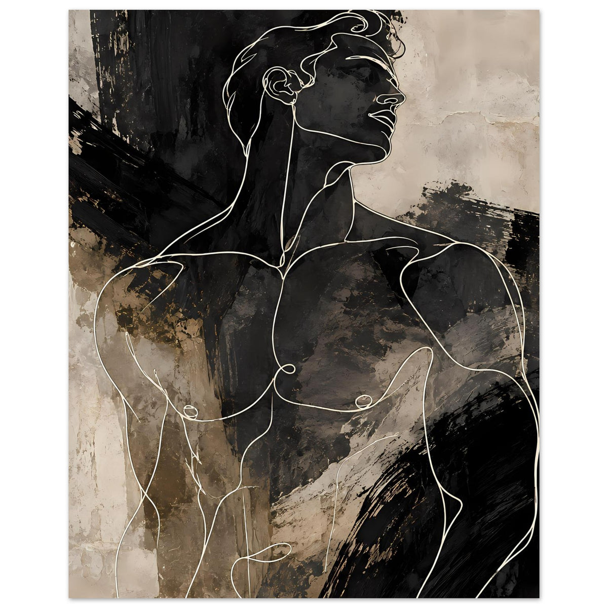 Poster mit Linienportrait eines Mannes, schwarz-graue Textur, beige Bereiche
