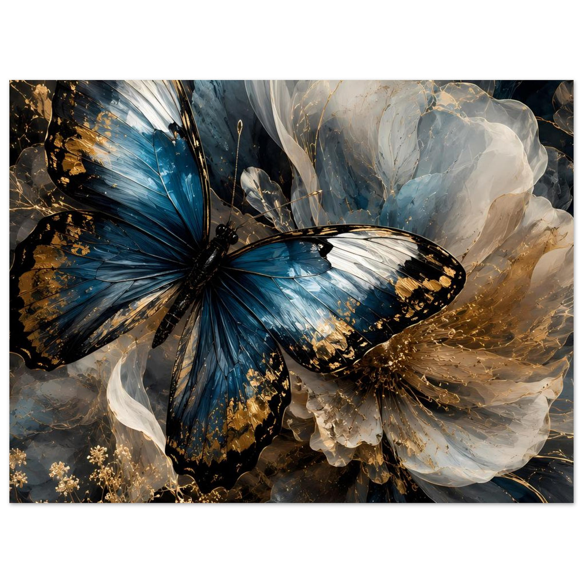Poster (hochkant) mit blauem Schmetterling, goldenen Funken und weißen Federflügeln